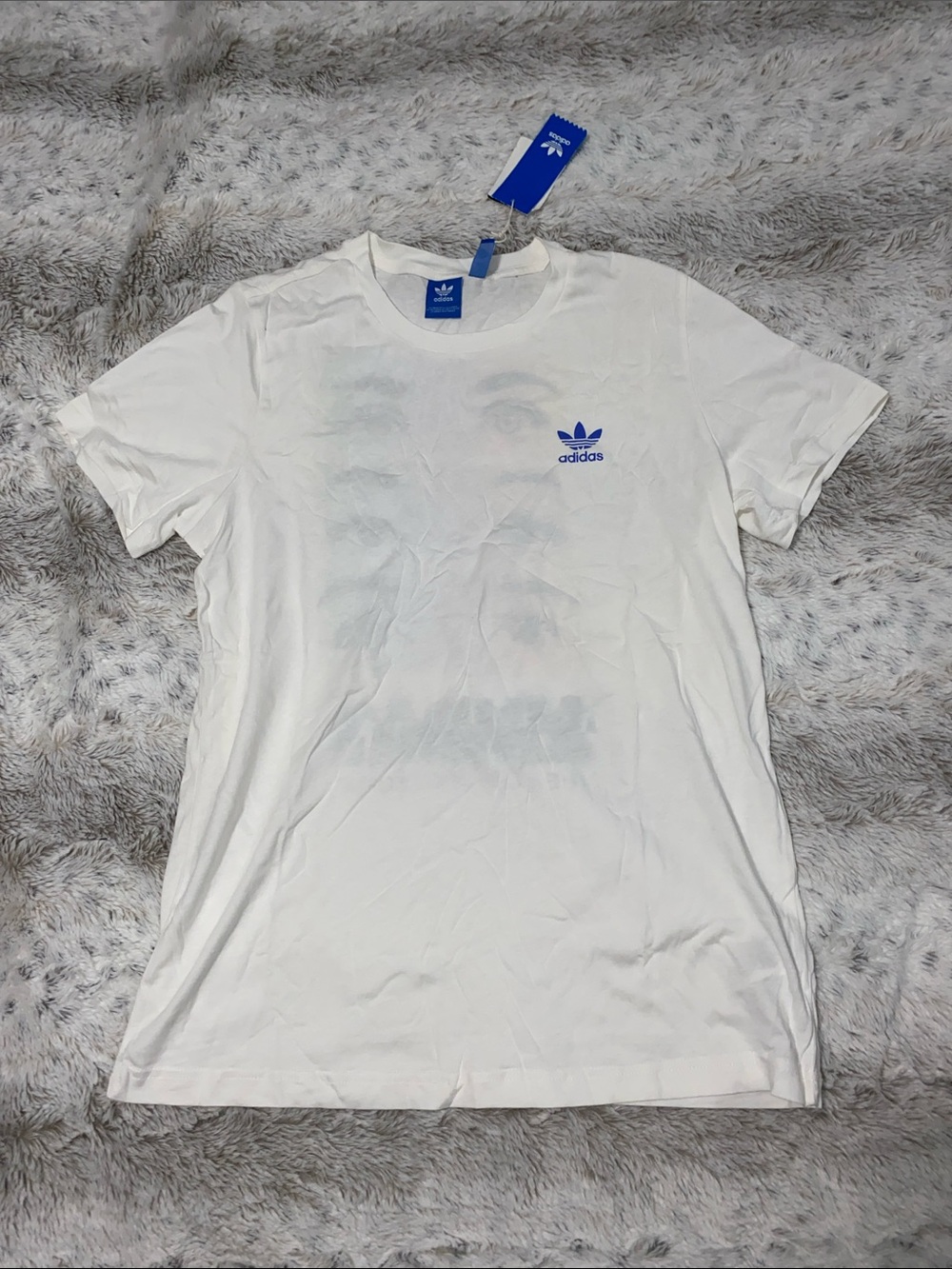 adidas White Short Sleeve Tee with Blue Trefoil Chest Logo
